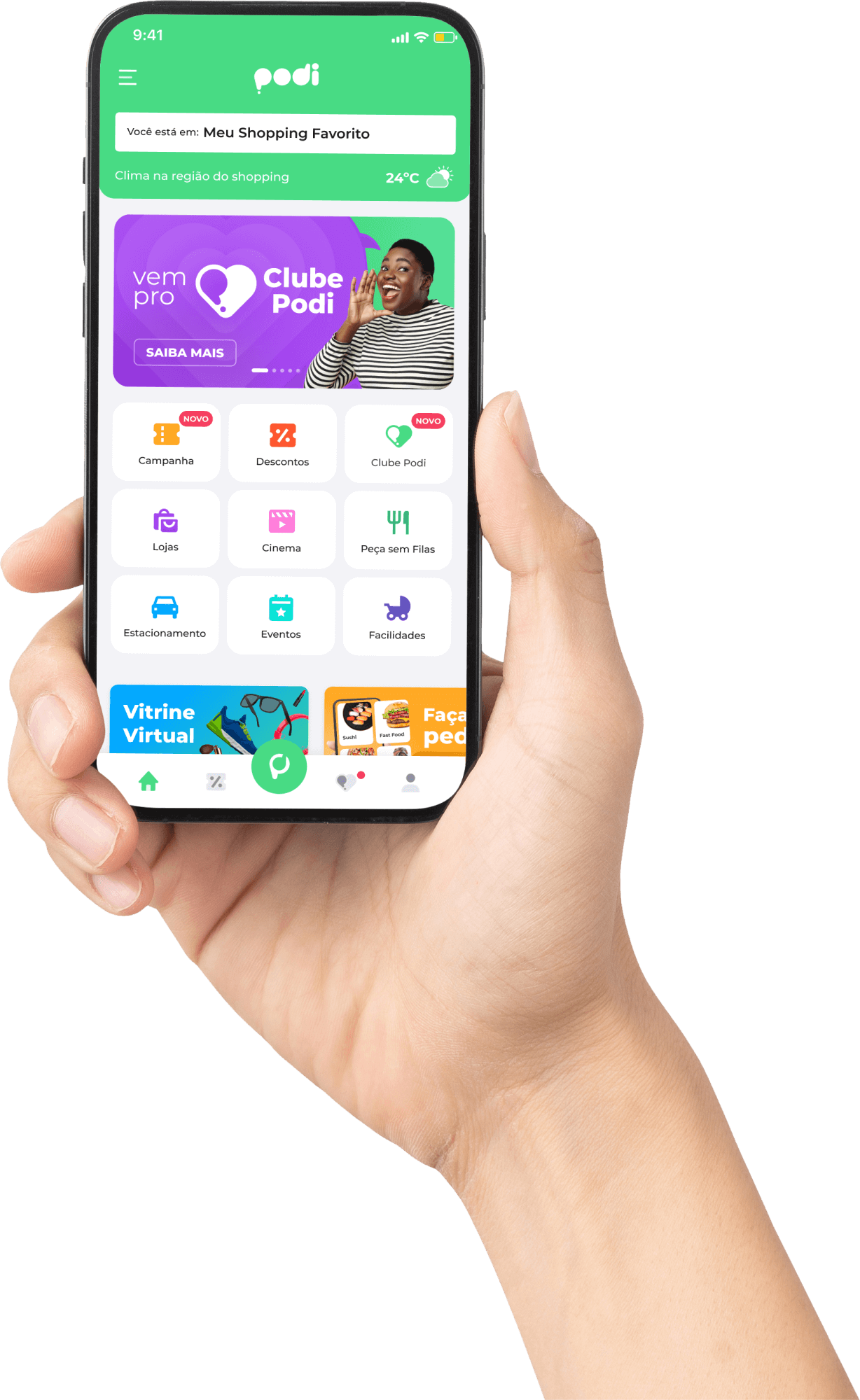 Mão segurando celular com o Podi aberto.